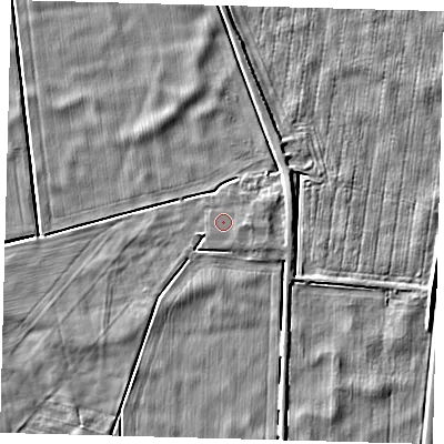 Shaded relief map of the ground around PE60JP, computed from Environment Agency LiDAR. The ground here sits at about 2 m above sea level and falls 4 m across the surrounding 800 m. Surface water reaching this point runs off ground lying to the east, 1.0 m higher.