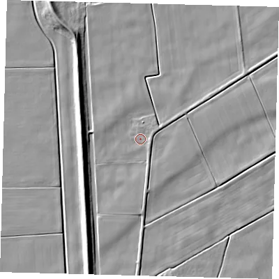 Shaded relief map of the ground around PE60JQ, computed from Environment Agency LiDAR. The ground here sits at about 1 m above sea level and falls 7 m across the surrounding 800 m. Surface water reaching this point runs off ground lying to the east-south-east, 1.2 m higher.
