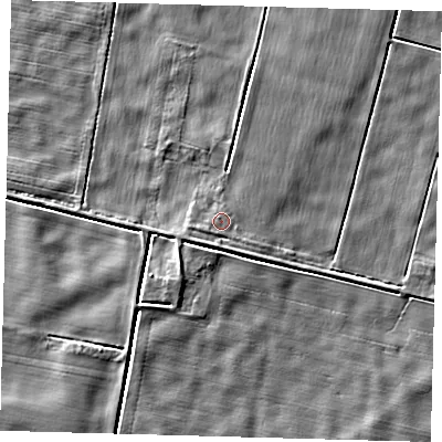 Shaded relief map of the ground around PE60JR, computed from Environment Agency LiDAR. The ground here sits at about 2 m above sea level and falls 4 m across the surrounding 800 m. Surface water reaching this point runs off ground lying to the south-west, 1.6 m higher.