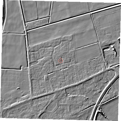 Shaded relief map of the ground around PE60JS, computed from Environment Agency LiDAR. The ground here sits at about 2 m above sea level and falls 5 m across the surrounding 800 m. Surface water reaching this point runs off ground lying to the south-east, 1.4 m higher.
