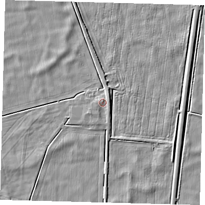 Shaded relief map of the ground around PE60JW, computed from Environment Agency LiDAR. The ground here sits at about 2 m above sea level and falls 3 m across the surrounding 800 m. Surface water reaching this point runs off ground lying to the east-north-east, 1.7 m higher.