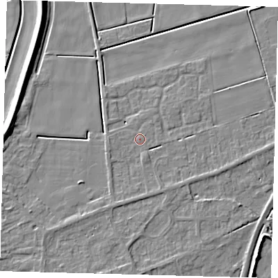 Shaded relief map of the ground around PE60JY, computed from Environment Agency LiDAR. The ground here sits at about 2 m above sea level and falls 7 m across the surrounding 800 m. Surface water reaching this point runs off ground lying to the south-south-west, 1.8 m higher.