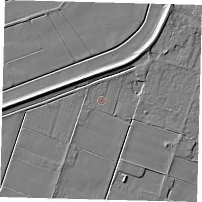 Shaded relief map of the ground around PE60LA, computed from Environment Agency LiDAR. The ground here sits at about 2 m above sea level and falls 7 m across the surrounding 800 m. Surface water reaching this point runs off ground lying to the north-north-east, 1.3 m higher.