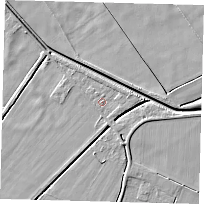 Shaded relief map of the ground around PE60LD, computed from Environment Agency LiDAR. The ground here sits at about 2 m above sea level and falls 6 m across the surrounding 800 m. Surface water reaching this point runs off ground lying to the east-north-east, 1.6 m higher.