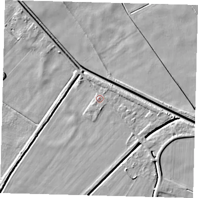 Shaded relief map of the ground around PE60LF, computed from Environment Agency LiDAR. The ground here sits at about 2 m above sea level and falls 6 m across the surrounding 800 m. Surface water reaching this point runs off ground lying to the east-south-east, 1.7 m higher.