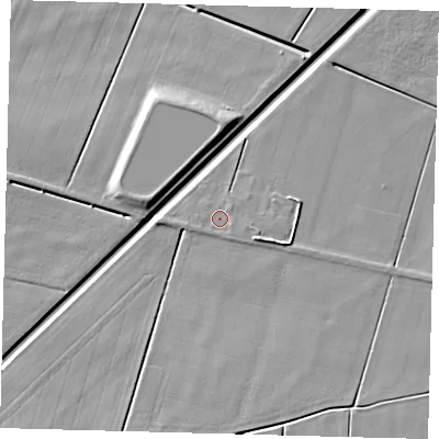 Shaded relief map of the ground around PE60LG, computed from Environment Agency LiDAR. The ground here sits at about 2 m above sea level and falls 7 m across the surrounding 800 m. Surface water reaching this point runs off ground lying to the east-south-east, 1.8 m higher.