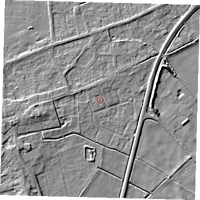 Shaded relief map of the ground around PE60LL, computed from Environment Agency LiDAR. The ground here sits at about 2 m above sea level and falls 6 m across the surrounding 800 m. Surface water reaching this point runs off ground lying to the north-north-west, 1.3 m higher.