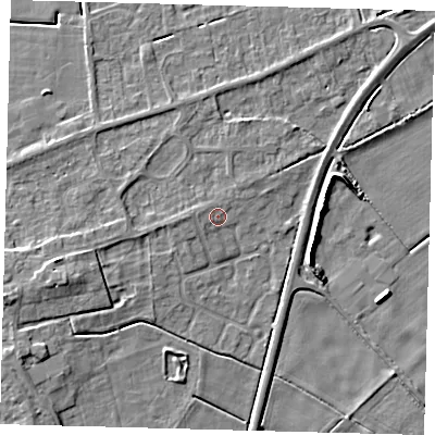 Shaded relief map of the ground around PE60LN, computed from Environment Agency LiDAR. The ground here sits at about 2 m above sea level and falls 6 m across the surrounding 800 m. Surface water reaching this point runs off ground lying to the west, 1.1 m higher.