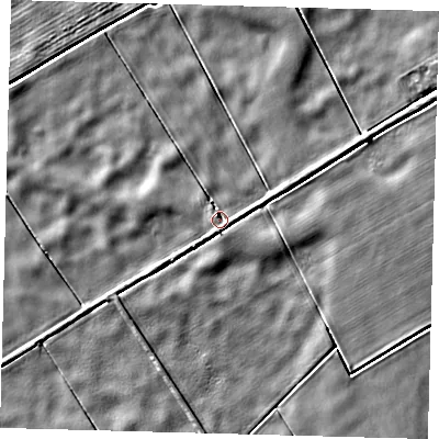 Shaded relief map of the ground around PE60LS, computed from Environment Agency LiDAR. The ground here sits at about 2 m above sea level and falls 3 m across the surrounding 800 m. Surface water reaching this point runs off ground lying to the south-east, 1.7 m higher.