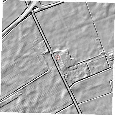 Shaded relief map of the ground around PE60LT, computed from Environment Agency LiDAR. The ground here sits at about 2 m above sea level and falls 4 m across the surrounding 800 m. Surface water reaching this point runs off ground lying to the south-east, 2.1 m higher.