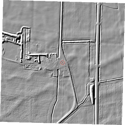 Shaded relief map of the ground around PE60LX, computed from Environment Agency LiDAR. The ground here sits at about 2 m above sea level and falls 6 m across the surrounding 800 m. Surface water reaching this point runs off ground lying to the east-north-east, 0.6 m higher.