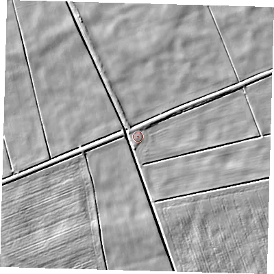 Shaded relief map of the ground around PE60LZ, computed from Environment Agency LiDAR. The ground here sits at about 2 m above sea level and falls 4 m across the surrounding 800 m. Surface water reaching this point runs off ground lying to the south-south-east, 1.4 m higher.