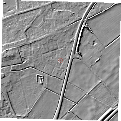 Shaded relief map of the ground around PE60NA, computed from Environment Agency LiDAR. The ground here sits at about 1 m above sea level and falls 6 m across the surrounding 800 m. Surface water reaching this point runs off ground lying to the west-north-west, 2.2 m higher.
