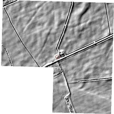 Shaded relief map of the ground around PE60ND, computed from Environment Agency LiDAR. The ground here sits at about 2 m above sea level and falls 3 m across the surrounding 800 m. Surface water reaching this point runs off ground lying to the south-south-east, 1.9 m higher.