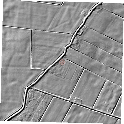 Shaded relief map of the ground around PE60NF, computed from Environment Agency LiDAR. The ground here sits at about 2 m above sea level and falls 4 m across the surrounding 800 m. Surface water reaching this point runs off ground lying to the west, 1.3 m higher.