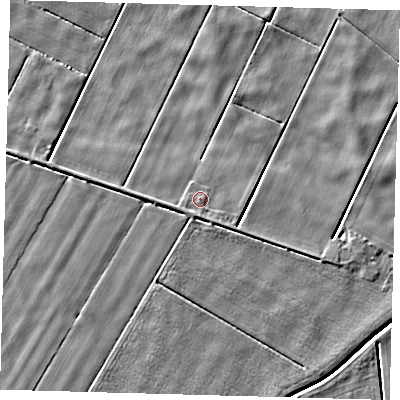 Shaded relief map of the ground around PE60NG, computed from Environment Agency LiDAR. The ground here sits at about 2 m above sea level and falls 3 m across the surrounding 800 m. Surface water reaching this point runs off ground lying to the south, 0.9 m higher.