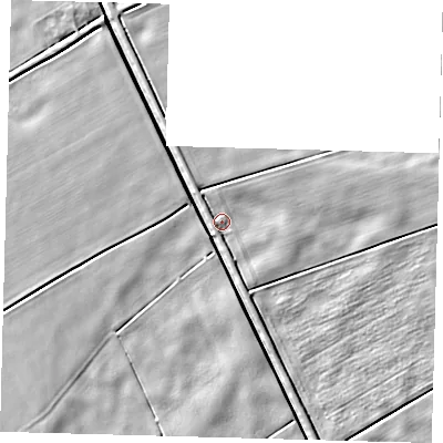 Shaded relief map of the ground around PE60NH, computed from Environment Agency LiDAR. The ground here sits at about 2 m above sea level and falls 4 m across the surrounding 800 m. Surface water reaching this point runs off ground lying to the south-south-west, 1.7 m higher.