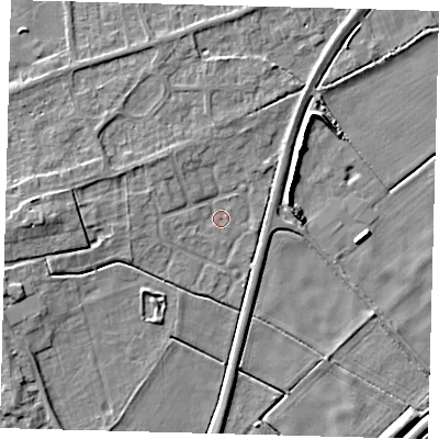 Shaded relief map of the ground around PE60NL, computed from Environment Agency LiDAR. The ground here sits at about 1 m above sea level and falls 6 m across the surrounding 800 m. Surface water reaching this point runs off ground lying to the north-west, 2.1 m higher.