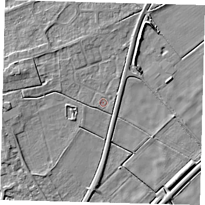 Shaded relief map of the ground around PE60NN, computed from Environment Agency LiDAR. The ground here sits at about 1 m above sea level and falls 6 m across the surrounding 800 m. Surface water reaching this point runs off ground lying to the west-north-west, 4.8 m higher.