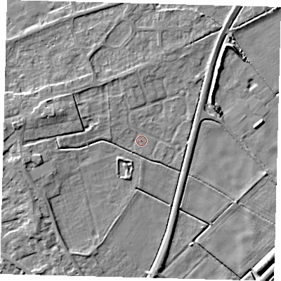 Shaded relief map of the ground around PE60NP, computed from Environment Agency LiDAR. The ground here sits at about 2 m above sea level and falls 6 m across the surrounding 800 m. Surface water reaching this point runs off ground lying to the west-north-west, 4.1 m higher.