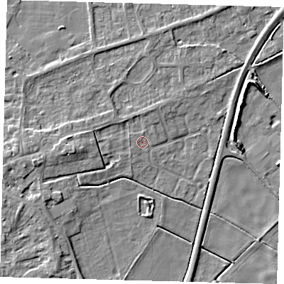 Shaded relief map of the ground around PE60NR, computed from Environment Agency LiDAR. The ground here sits at about 2 m above sea level and falls 6 m across the surrounding 800 m. Surface water reaching this point runs off ground lying to the west-north-west, 1.6 m higher.