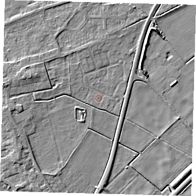 Shaded relief map of the ground around PE60NW, computed from Environment Agency LiDAR. The ground here sits at about 1 m above sea level and falls 6 m across the surrounding 800 m. Surface water reaching this point runs off ground lying to the west-north-west, 4.3 m higher.