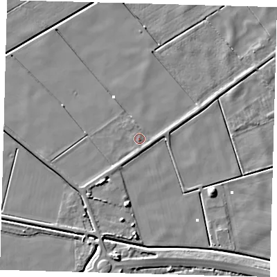 Shaded relief map of the ground around PE60PA, computed from Environment Agency LiDAR. The ground here sits at about 1 m above sea level and falls 6 m across the surrounding 800 m. Surface water reaching this point runs off ground lying to the south-south-east, 0.9 m higher.