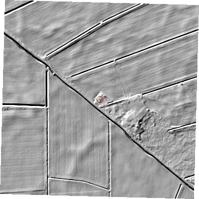 Shaded relief map of the ground around PE60PB, computed from Environment Agency LiDAR. The ground here sits at about 1 m above sea level and falls 4 m across the surrounding 800 m. Surface water reaching this point runs off ground lying to the south-east, 1.7 m higher.