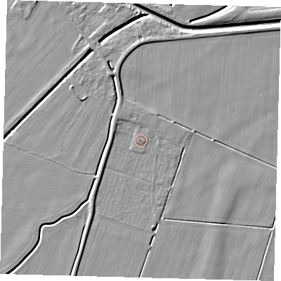 Shaded relief map of the ground around PE60PD, computed from Environment Agency LiDAR. The ground here sits at about 2 m above sea level and falls 6 m across the surrounding 800 m. Surface water reaching this point runs off ground lying to the west-north-west, 1.7 m higher.