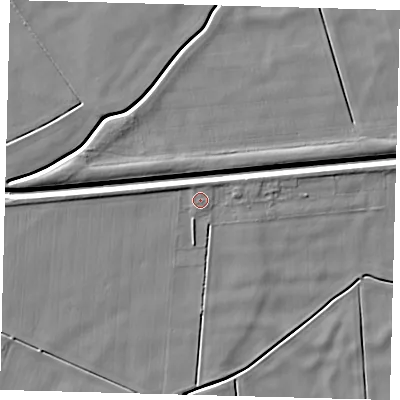 Shaded relief map of the ground around PE60PE, computed from Environment Agency LiDAR. The ground here sits at about 2 m above sea level and falls 6 m across the surrounding 800 m. Surface water reaching this point runs off ground lying to the west-north-west, 1.4 m higher.