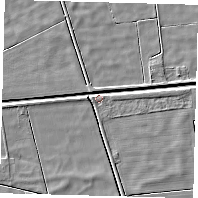 Shaded relief map of the ground around PE60PG, computed from Environment Agency LiDAR. The ground here sits at about 2 m above sea level and falls 5 m across the surrounding 800 m. Surface water reaching this point runs off ground lying to the north-north-east, 4.6 m higher.