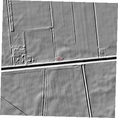 Shaded relief map of the ground around PE60PH, computed from Environment Agency LiDAR. The ground here sits at about 2 m above sea level and falls 5 m across the surrounding 800 m. Surface water reaching this point runs off ground lying to the south, 2.0 m higher.