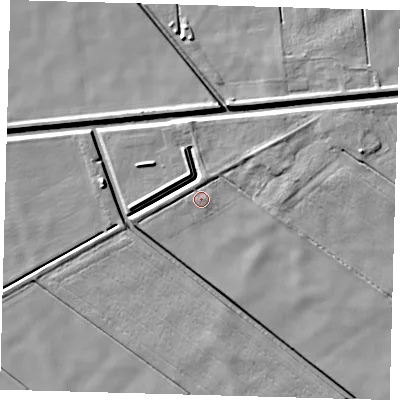Shaded relief map of the ground around PE60PJ, computed from Environment Agency LiDAR. The ground here sits at about 2 m above sea level and falls 6 m across the surrounding 800 m. Surface water reaching this point runs off ground lying to the east-north-east, 0.8 m higher.