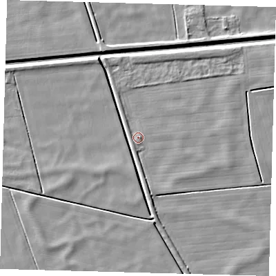Shaded relief map of the ground around PE60PL, computed from Environment Agency LiDAR. The ground here sits at about 2 m above sea level and falls 5 m across the surrounding 800 m. Surface water reaching this point runs off ground lying to the south, 2.0 m higher.