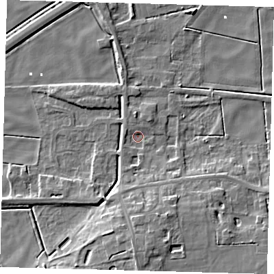 Shaded relief map of the ground around PE60PN, computed from Environment Agency LiDAR. The ground here sits at about 1 m above sea level and falls 9 m across the surrounding 800 m. Surface water reaching this point runs off ground lying to the south-south-west, 2.0 m higher.