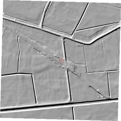 Shaded relief map of the ground around PE60PP, computed from Environment Agency LiDAR. The ground here sits at about 3 m above sea level and falls 6 m across the surrounding 800 m. Surface water reaching this point runs off ground lying to the east-south-east, 0.6 m higher.