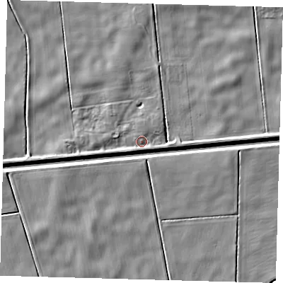 Shaded relief map of the ground around PE60PQ, computed from Environment Agency LiDAR. The ground here sits at about 2 m above sea level and falls 5 m across the surrounding 800 m. Surface water reaching this point runs off ground lying to the west-south-west, 2.4 m higher.