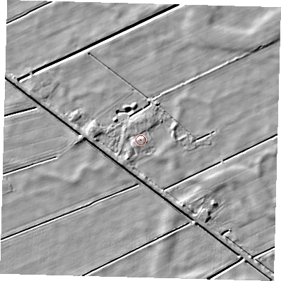 Shaded relief map of the ground around PE60PW, computed from Environment Agency LiDAR. The ground here sits at about 2 m above sea level and falls 4 m across the surrounding 800 m. Surface water reaching this point runs off ground lying to the east-south-east, 1.0 m higher.