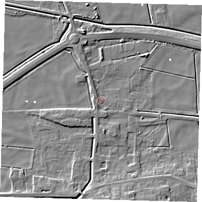 Shaded relief map of the ground around PE60QE, computed from Environment Agency LiDAR. The ground here sits at about 1 m above sea level and falls 8 m across the surrounding 800 m. Surface water reaching this point runs off ground lying to the west, 1.3 m higher.