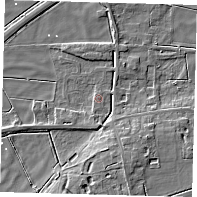 Shaded relief map of the ground around PE60QF, computed from Environment Agency LiDAR. The ground here sits at about 2 m above sea level and falls 9 m across the surrounding 800 m. Surface water reaching this point runs off ground lying to the south-south-east, 4.5 m higher.