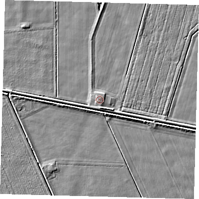 Shaded relief map of the ground around PE60QG, computed from Environment Agency LiDAR. The ground here sits at about 2 m above sea level and falls 4 m across the surrounding 800 m. Surface water reaching this point runs off ground lying to the south, 1.0 m higher.