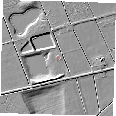Shaded relief map of the ground around PE60QH, computed from Environment Agency LiDAR. The ground here sits at about 2 m above sea level and falls 7 m across the surrounding 800 m. Surface water reaching this point runs off ground lying to the south-south-west, 4.2 m higher.