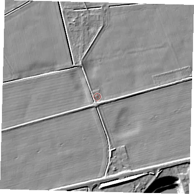 Shaded relief map of the ground around PE60QJ, computed from Environment Agency LiDAR. The ground here sits at about 2 m above sea level and falls 12 m across the surrounding 800 m. Surface water reaching this point runs off ground lying to the south-south-east, 1.1 m higher.