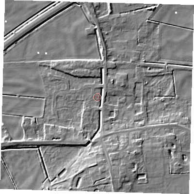 Shaded relief map of the ground around PE60QP, computed from Environment Agency LiDAR. The ground here sits at about 1 m above sea level and falls 9 m across the surrounding 800 m. Surface water reaching this point runs off ground lying to the south, 4.5 m higher.