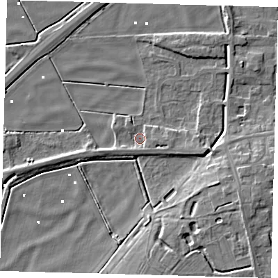 Shaded relief map of the ground around PE60QQ, computed from Environment Agency LiDAR. The ground here sits at about 1 m above sea level and falls 9 m across the surrounding 800 m. Surface water reaching this point runs off ground lying to the east-south-east, 2.4 m higher.