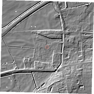 Shaded relief map of the ground around PE60QR, computed from Environment Agency LiDAR. The ground here sits at about 1 m above sea level and falls 9 m across the surrounding 800 m. Surface water reaching this point runs off ground lying to the north-north-east, 2.7 m higher.