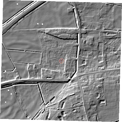 Shaded relief map of the ground around PE60QT, computed from Environment Agency LiDAR. The ground here sits at about 0 m above sea level and falls 9 m across the surrounding 800 m. Surface water reaching this point runs off ground lying to the south-south-east, 3.1 m higher.