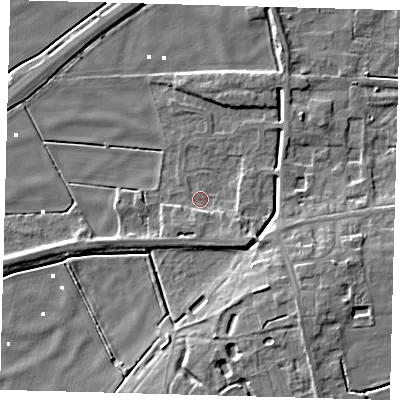 Shaded relief map of the ground around PE60QU, computed from Environment Agency LiDAR. The ground here sits at about 1 m above sea level and falls 9 m across the surrounding 800 m. Surface water reaching this point runs off ground lying to the south-east, 3.0 m higher.