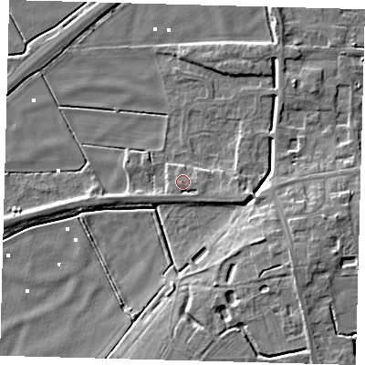 Shaded relief map of the ground around PE60QW, computed from Environment Agency LiDAR. The ground here sits at about 2 m above sea level and falls 9 m across the surrounding 800 m. Surface water reaching this point runs off ground lying to the east-south-east, 1.6 m higher.