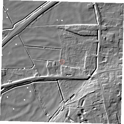 Shaded relief map of the ground around PE60QX, computed from Environment Agency LiDAR. The ground here sits at about 1 m above sea level and falls 9 m across the surrounding 800 m. Surface water reaching this point runs off ground lying to the south-east, 2.6 m higher.